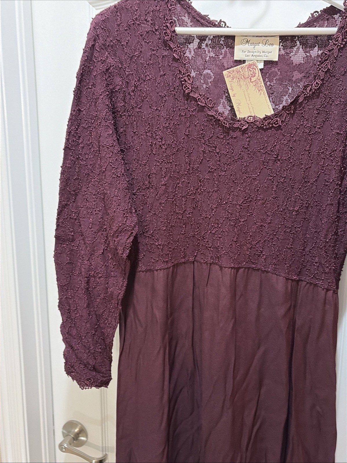 VTG NWT Margot Lea Dress Size XL Lace Accents Burgundy Maxi Long Sleeve USA