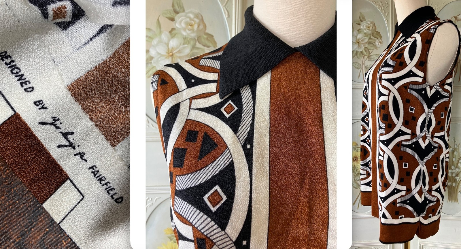VTG 60s GIO LUIGI SCREEN PRINT GEOMETRIC ECRU BROWN BLACK COLLARED SLEEVELESS