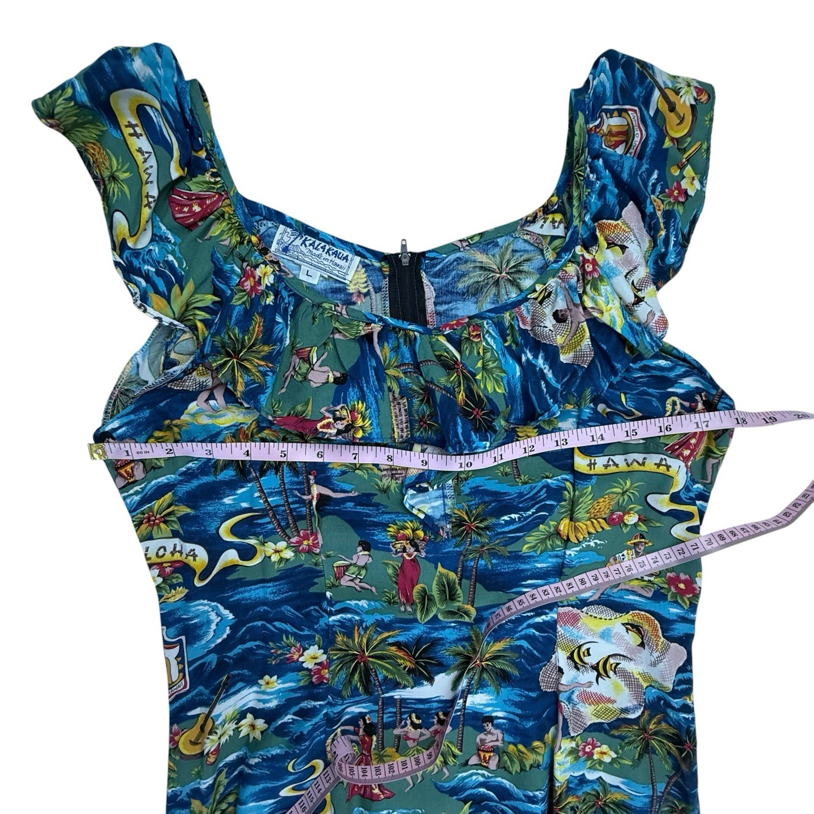 Vintage Kalakaua Hawaiian Dress Women Large Ruffled Luau Dancers Rayon