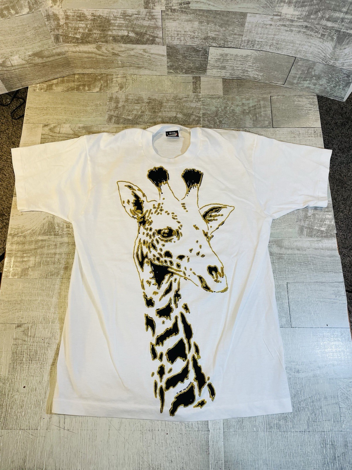 Vintage Single Stitch Screen Stars Women’s Large White Gold Sparkle Giraffe Tee