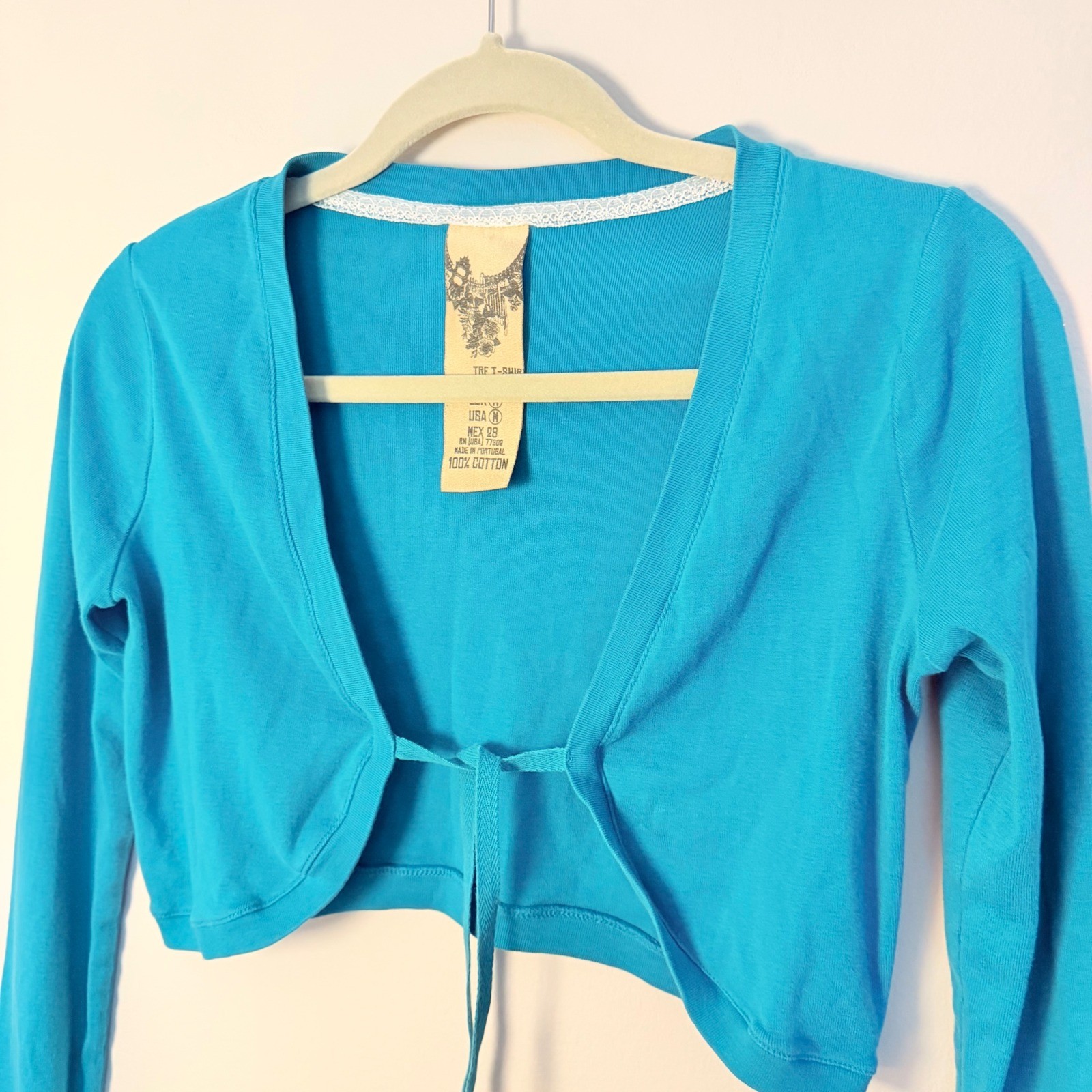 Vintage TRF Tshirt Co Teal Babydoll Half Cropped Sweater Tie Front Y2K SZ M