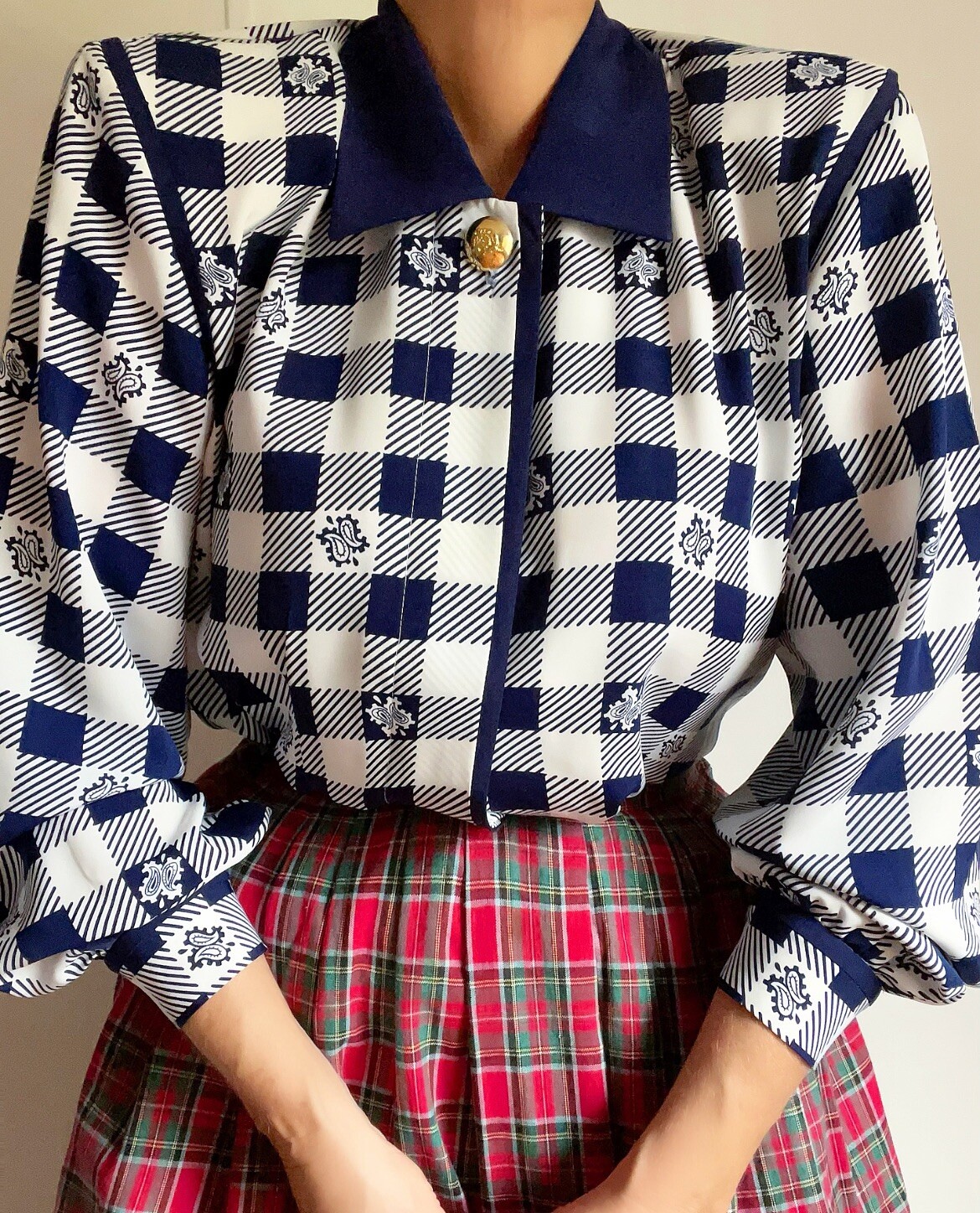 Vintage Blue White Checked Plaid Blouson Blouse Tartan Casual Or Business