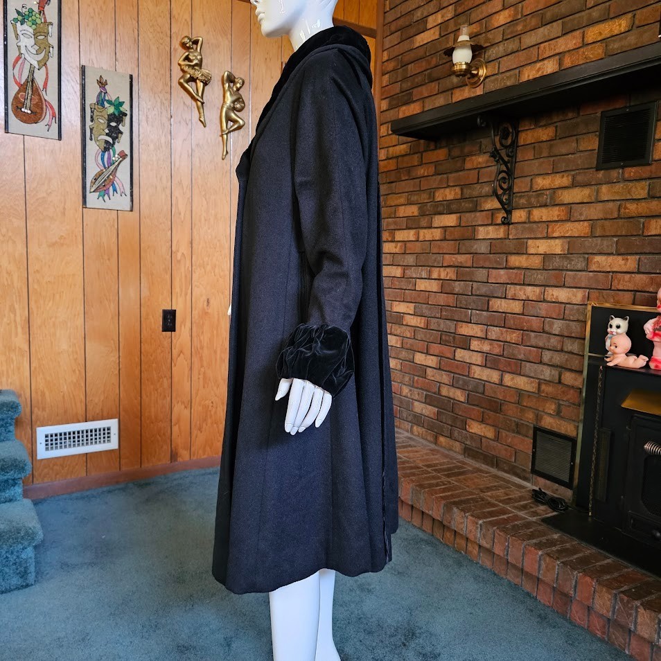 Vtg 50s Lilli Ann Velvet Shawl Collar Swing Princess Opera Formal Wool Coat L/XL