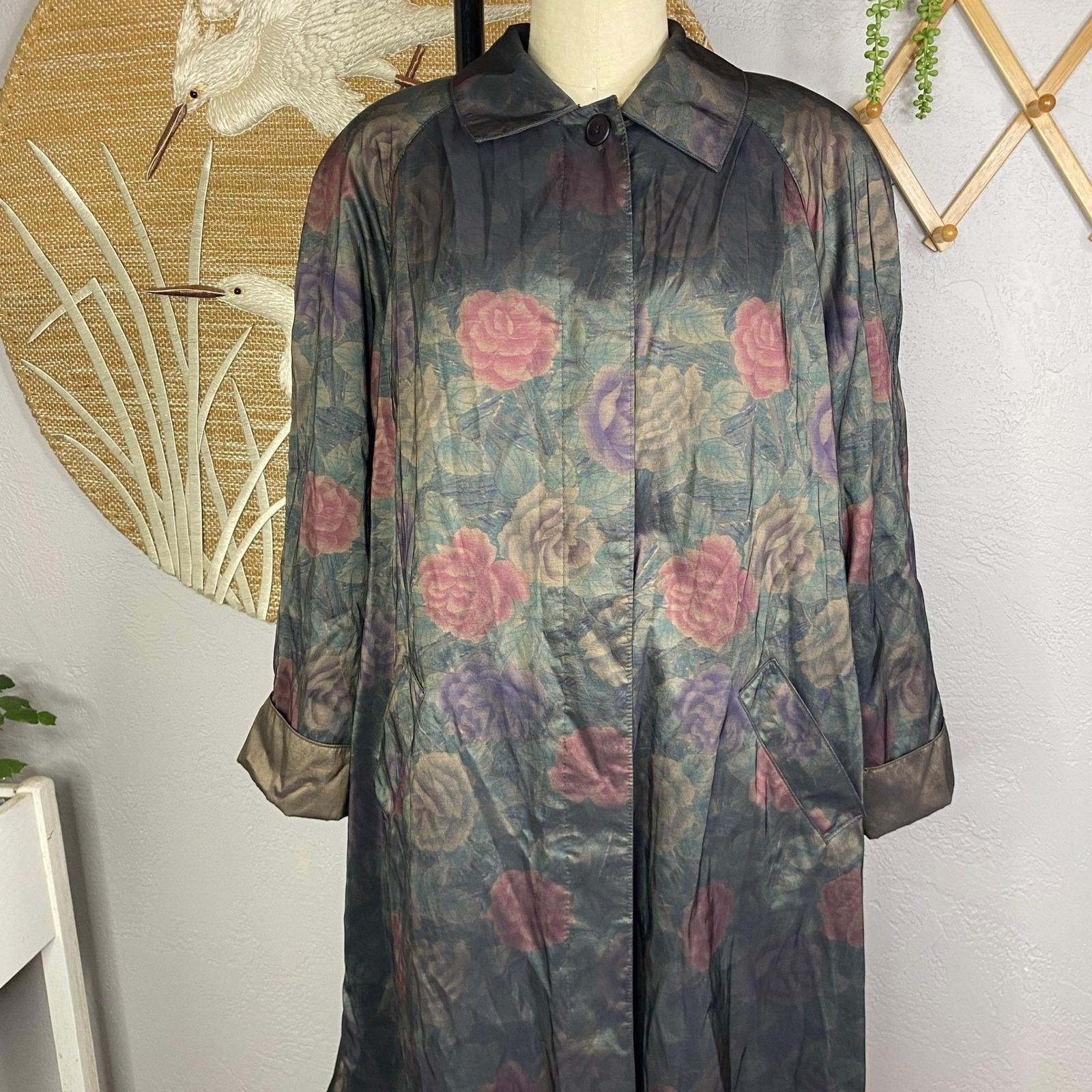 Vintage Iridescent Floral Trench Coat, Cottagecore Windbreaker, Size 10