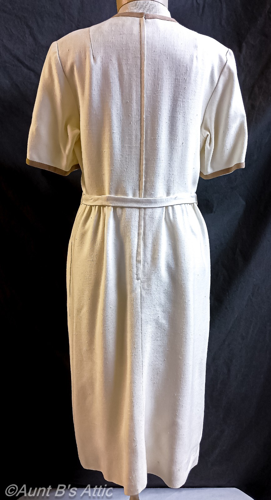 Vtg 70’s Posh By Jay Anderson Ivory Linen W/ Tan Ultra Suede Sheath Dress Medium