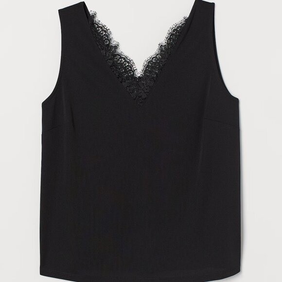 H&M Black Lace Trim Camisole Tank Top Size M Satin Coquette Clean Girl