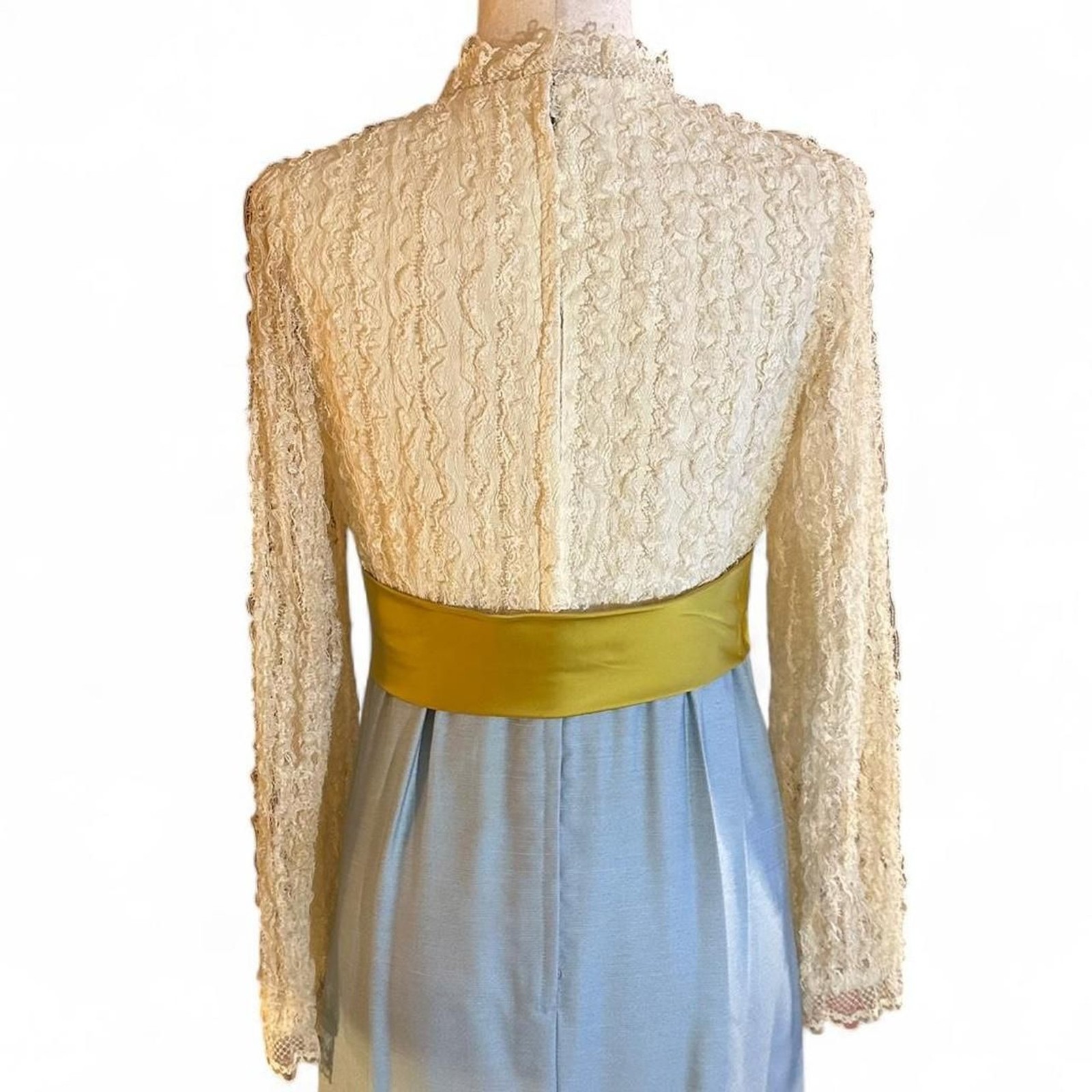60s Lace Blue, Chartreuse w/ Creme Empire Waist w/Satin Bow Belted Prairie Dress