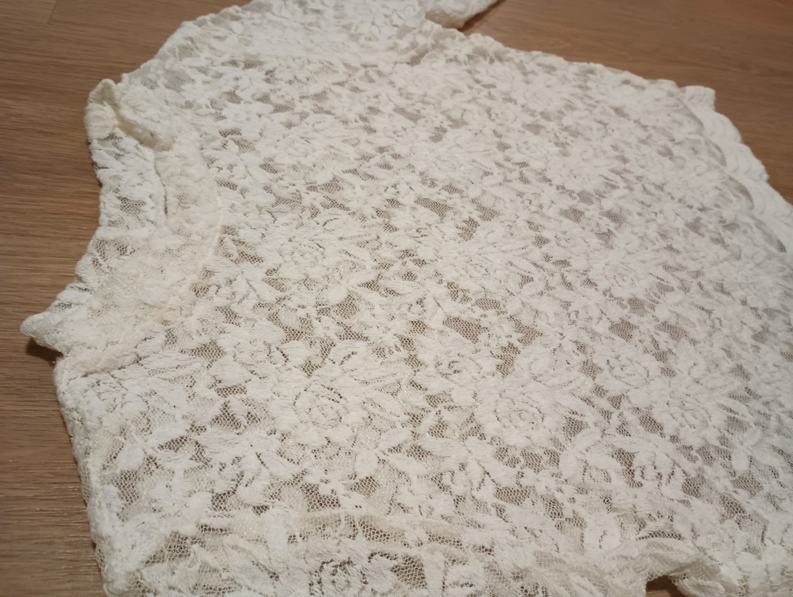 Vtg 90s Stretchy Sheer Crochet Lace Mesh Mock Neck White Cropped Top boho S