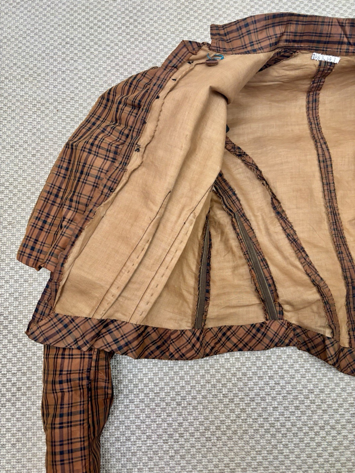 Antique Victorian 1890 Jacket Bodice Leg of Mutton Sleeve Brown Black Plaid Silk