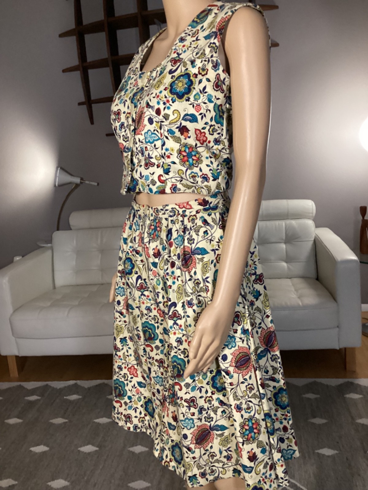 Vintage 60’s 70’s Garland Cotton Floral Bird Print Skirt & Top Set Boho Hippie