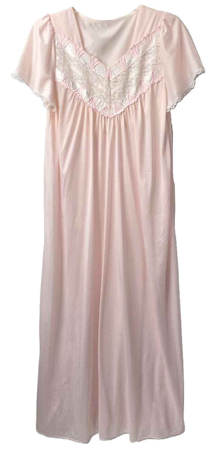 Vintage Lady Cameo Night Gown M L Maxi Dress Nightie Pink Lace Sheer Nylon Satin