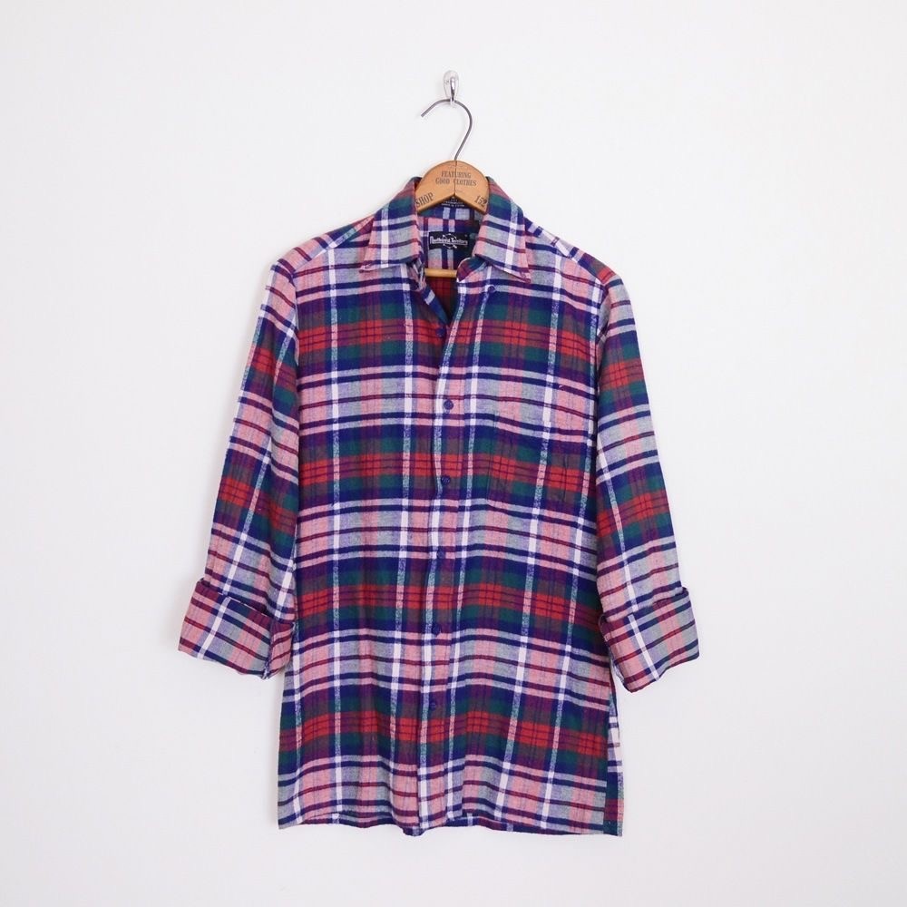 Vtg 80s 90s Grunge Red Navy Blue Green Plaid Flannel Button Up Shirt Top S M L
