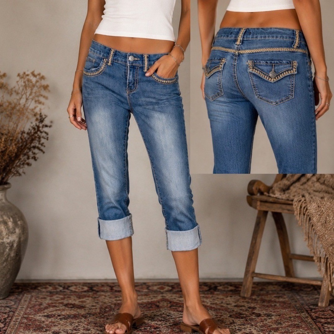VTG Vanilla Star y2K Low Rise Denim Capri Pants Embroidered 90s Jeans SZ XS/0