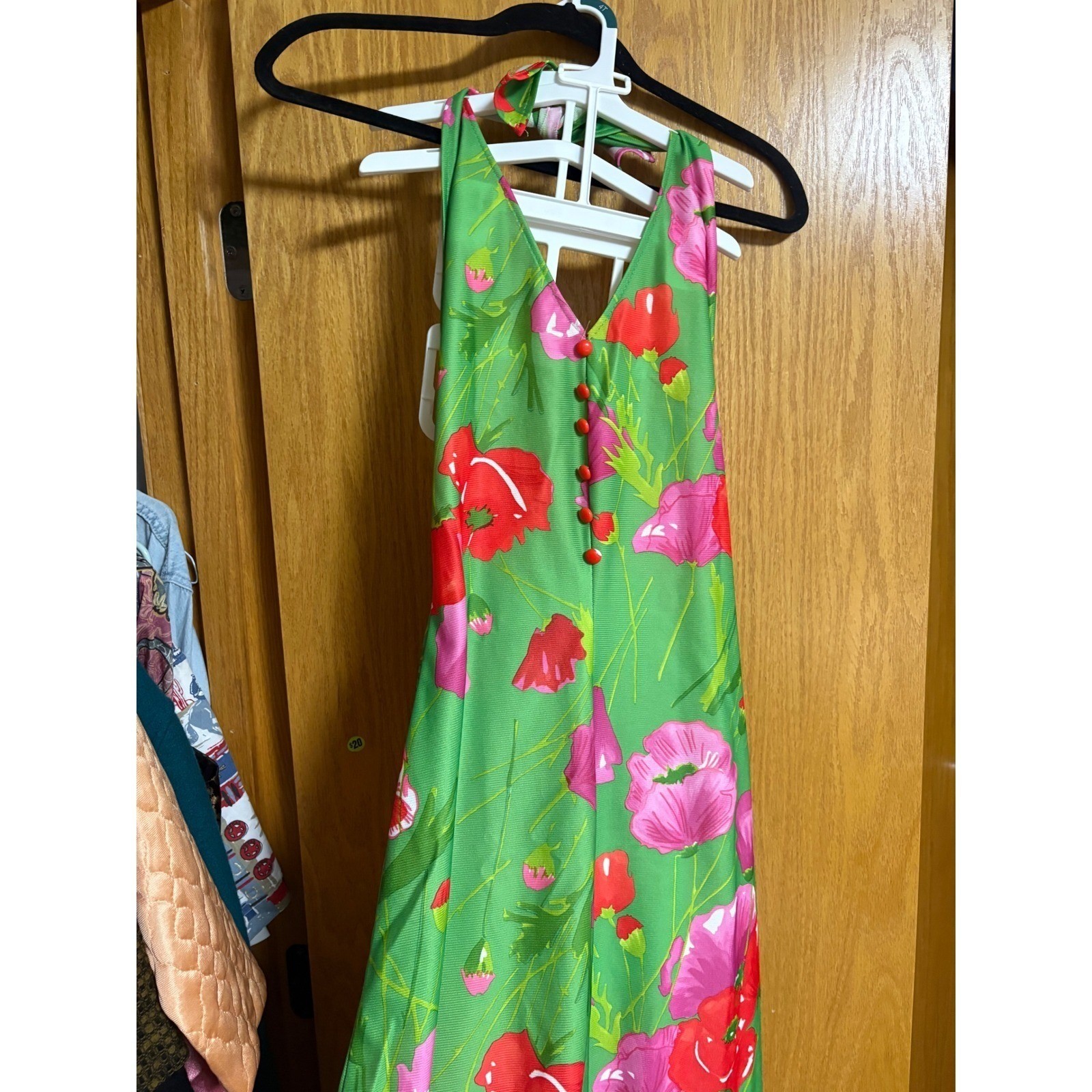 Vintage Aldens Fashions Maxi Dress Green Floral Halter Dress 70s Style Party grn