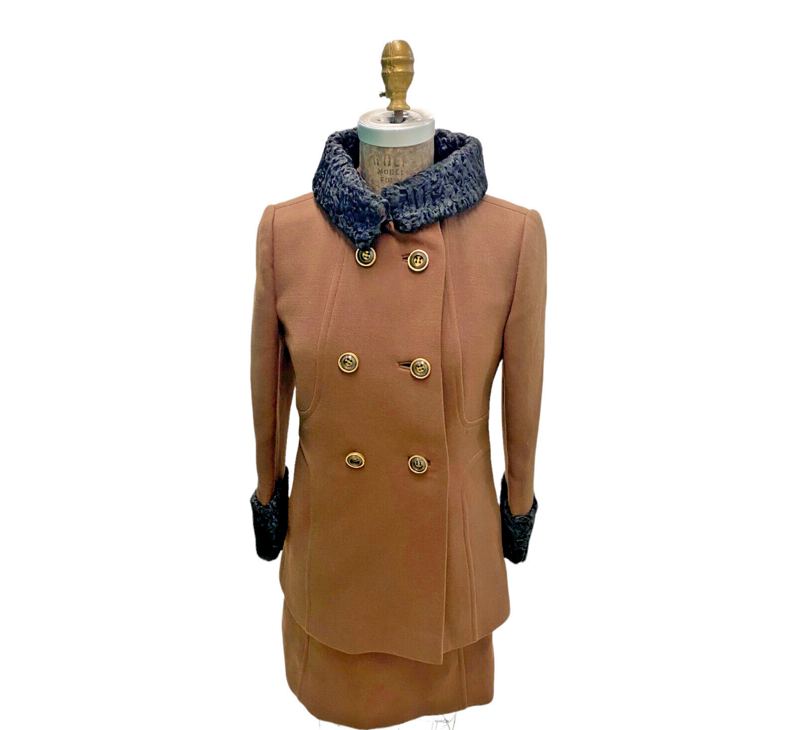 Vintage 1950s Brown Wool Coat Black Persian Lamb Trim & Dress Small