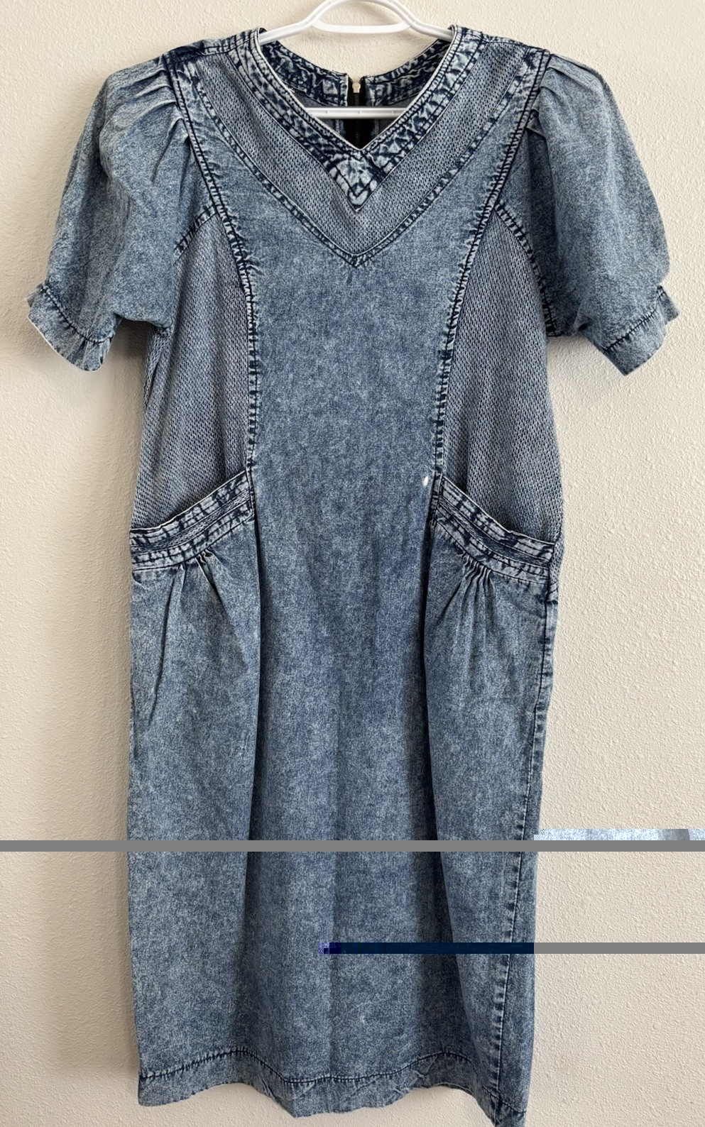 Vtg 80s Acid Wash Denim Midi Dress M?? Puff Sleeve Western Boho Shoulder Pads