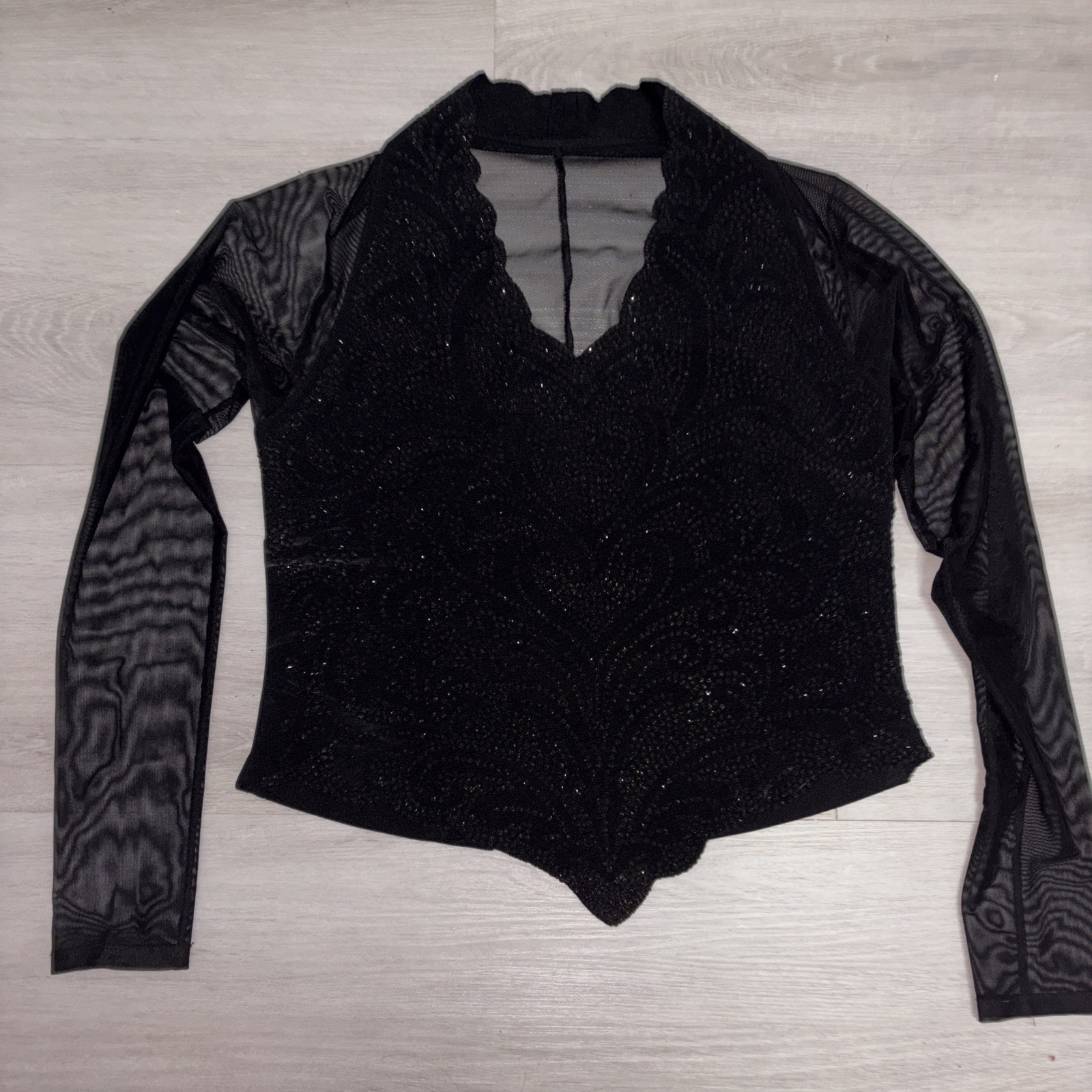 Another Thyme Women’s Black Vintage Poly Sheer Sleeve Blouse Goth -Medium