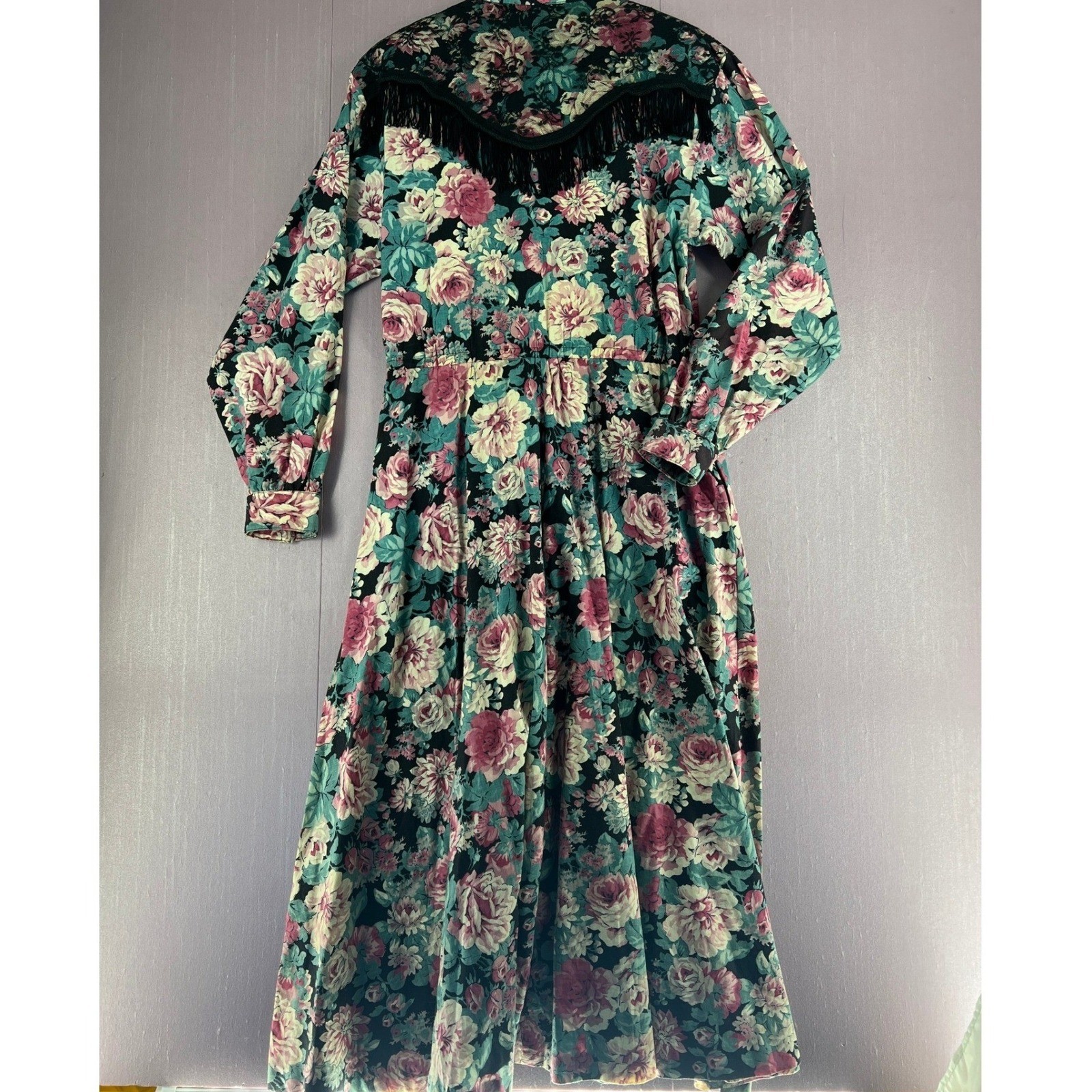Vintage Panhandle Slim Floral Western Maxi Dress Fringe Pearl Snap Prairiecore