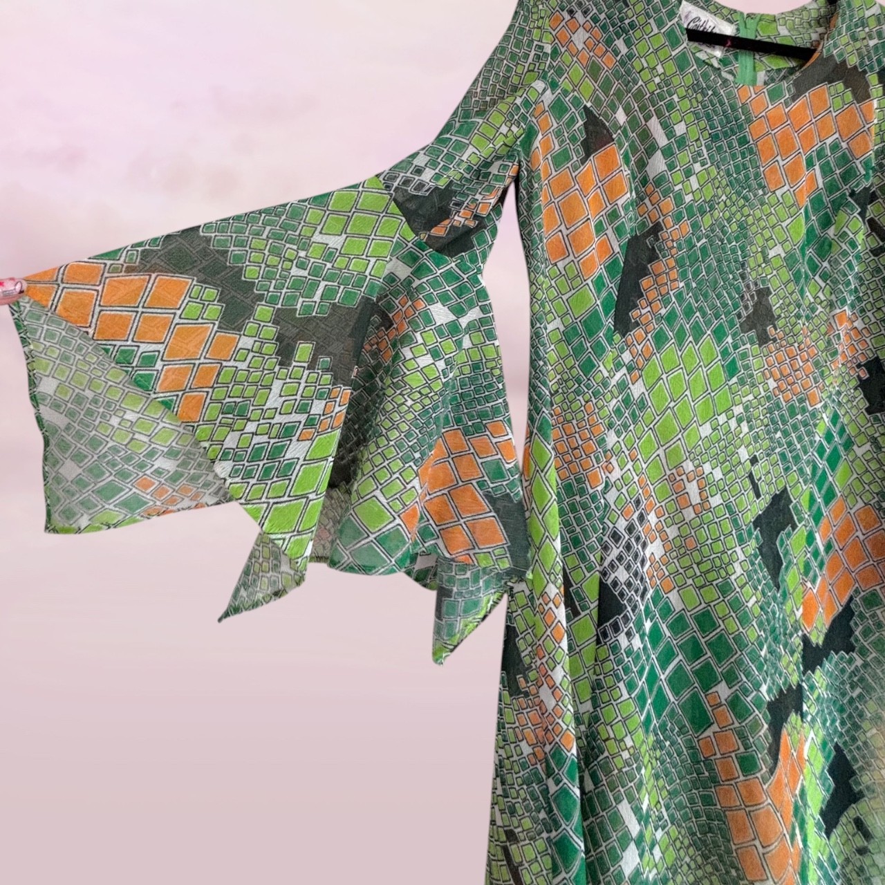 Vintage 70s Cést si bon Creations Psychedelic Maxi Dress Bell Sleeve Mod Boho L
