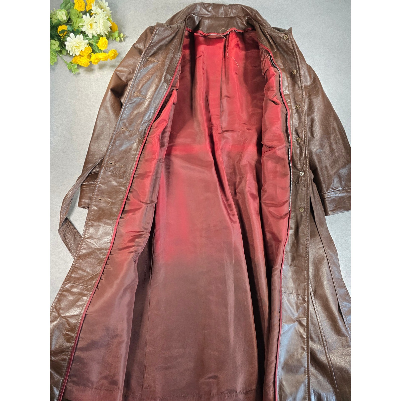 Vintage 70s Brown Leather Trench Coat Long Belted Womens 14 Junior Gallery Retro