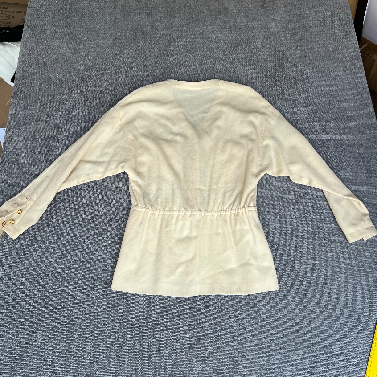 Vtg 80s Cream Military Blouse Jacket L Peplum Cinched Waist Gold Lion Button