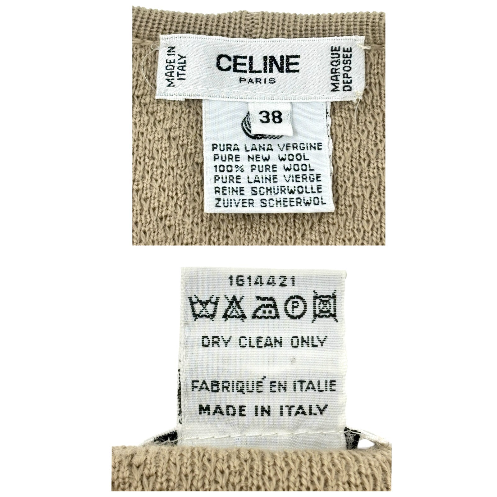 CELINE Vintage Macadam Logo Rib Knit Cardigan #38 Button Light Brown Gold Wool