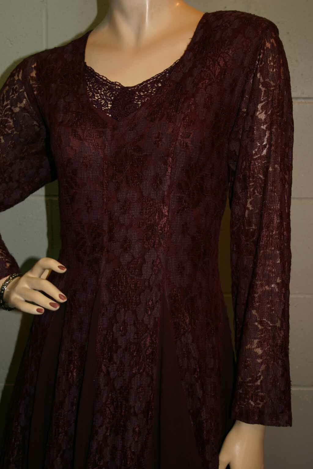 S Vtg 90s STARINA Midi Dress LACE LINED Rayon Purple Plum Flared Gored Skirt