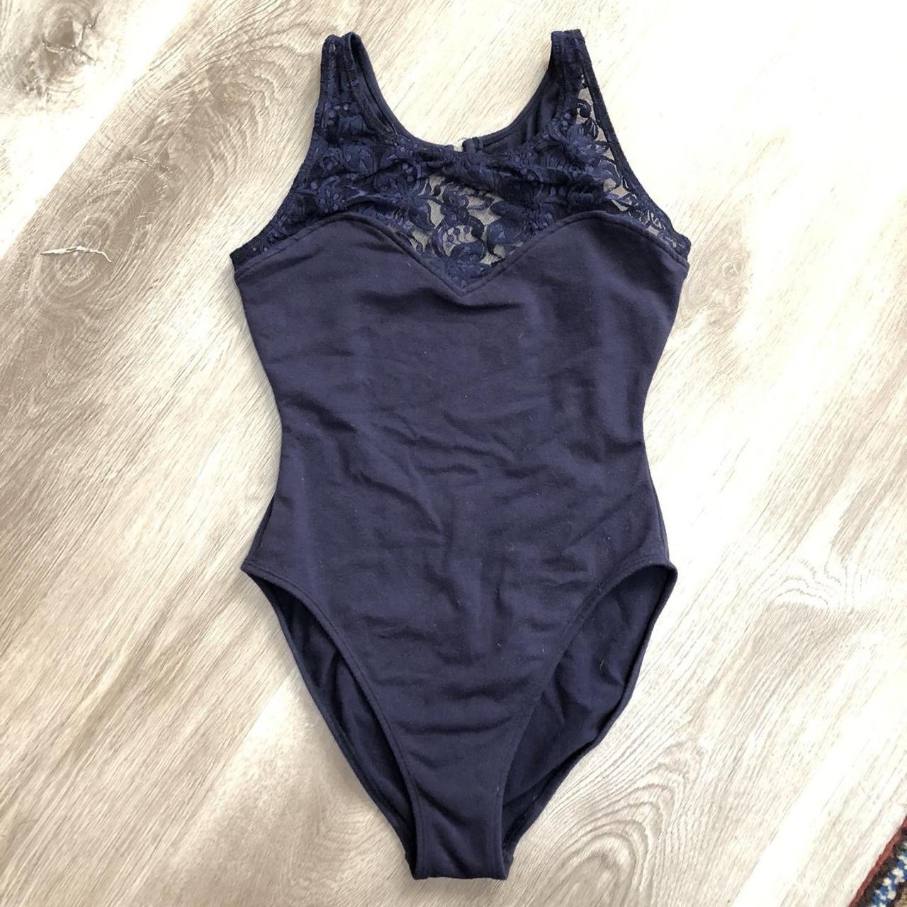 Vintage 90s Navy Jersey Lace Neck High Cut Swimsuit Bodysuit Medium