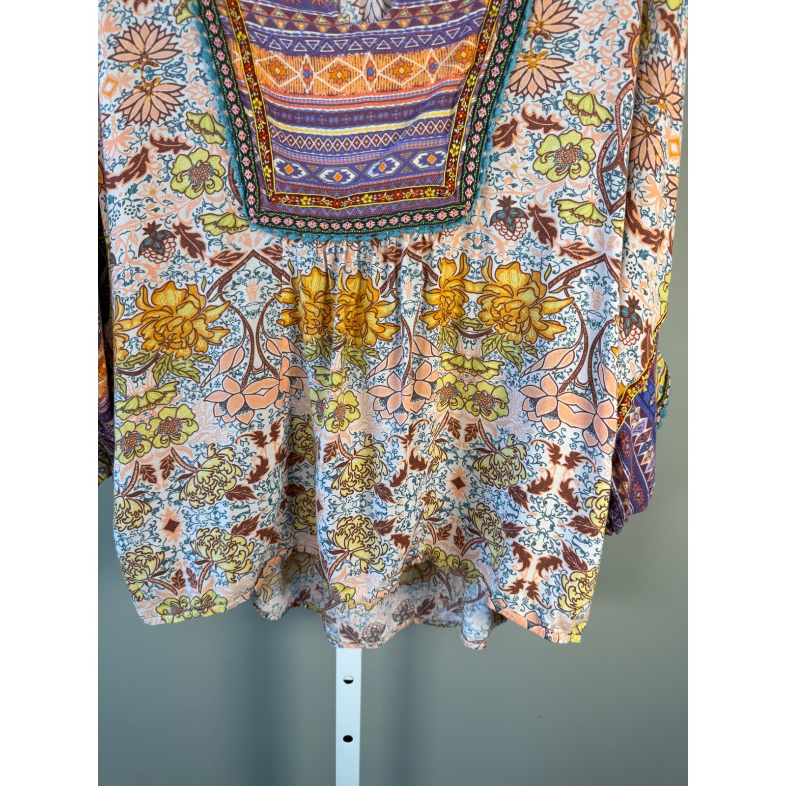 John Mark Boho Floral Mixed Print Tunic Blouse L Artsy Cottagecore