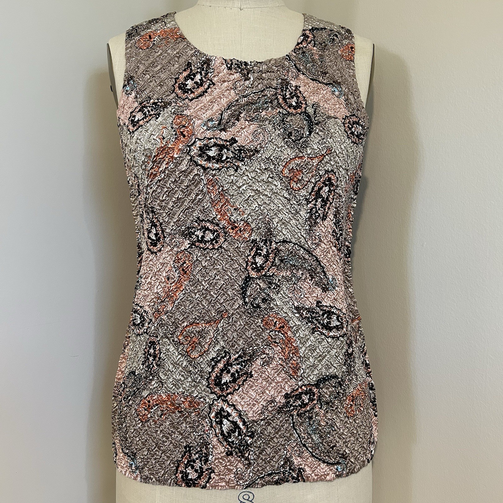 VTG 90s Reversible Paisley Jacket Tank Set Taupe Pink Crinkle Texture Sz M