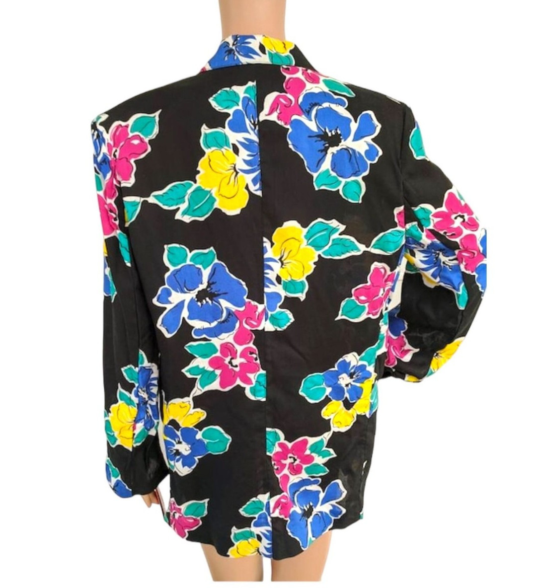 80s Black Floral Jacket Top Bright Print 8 New