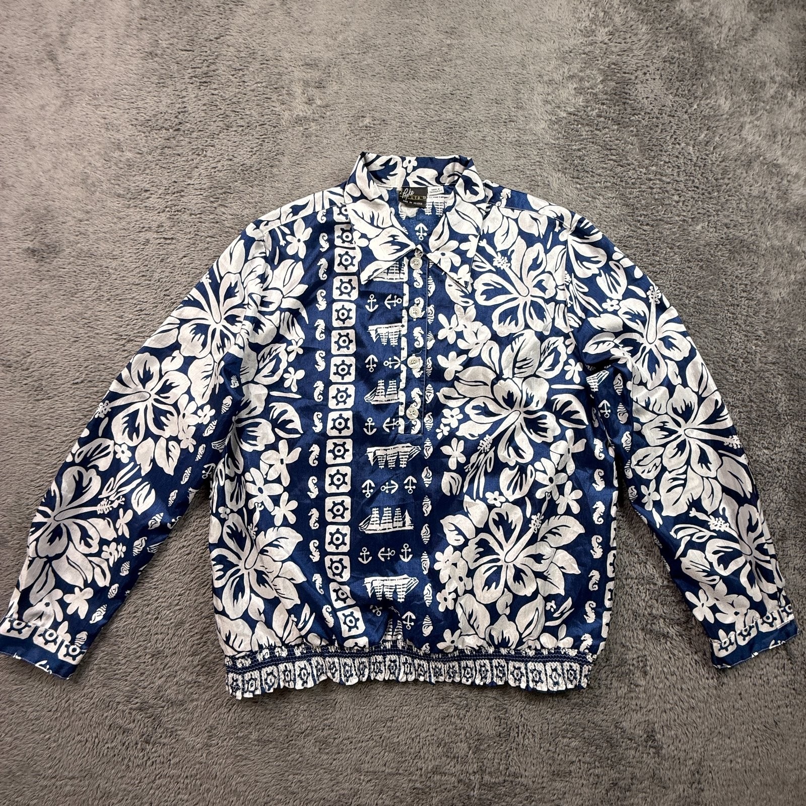 Vintage 80s Pyke Ltd Hawaiian Shirt Womens M Navy Blue Hibiscus Nautical Print