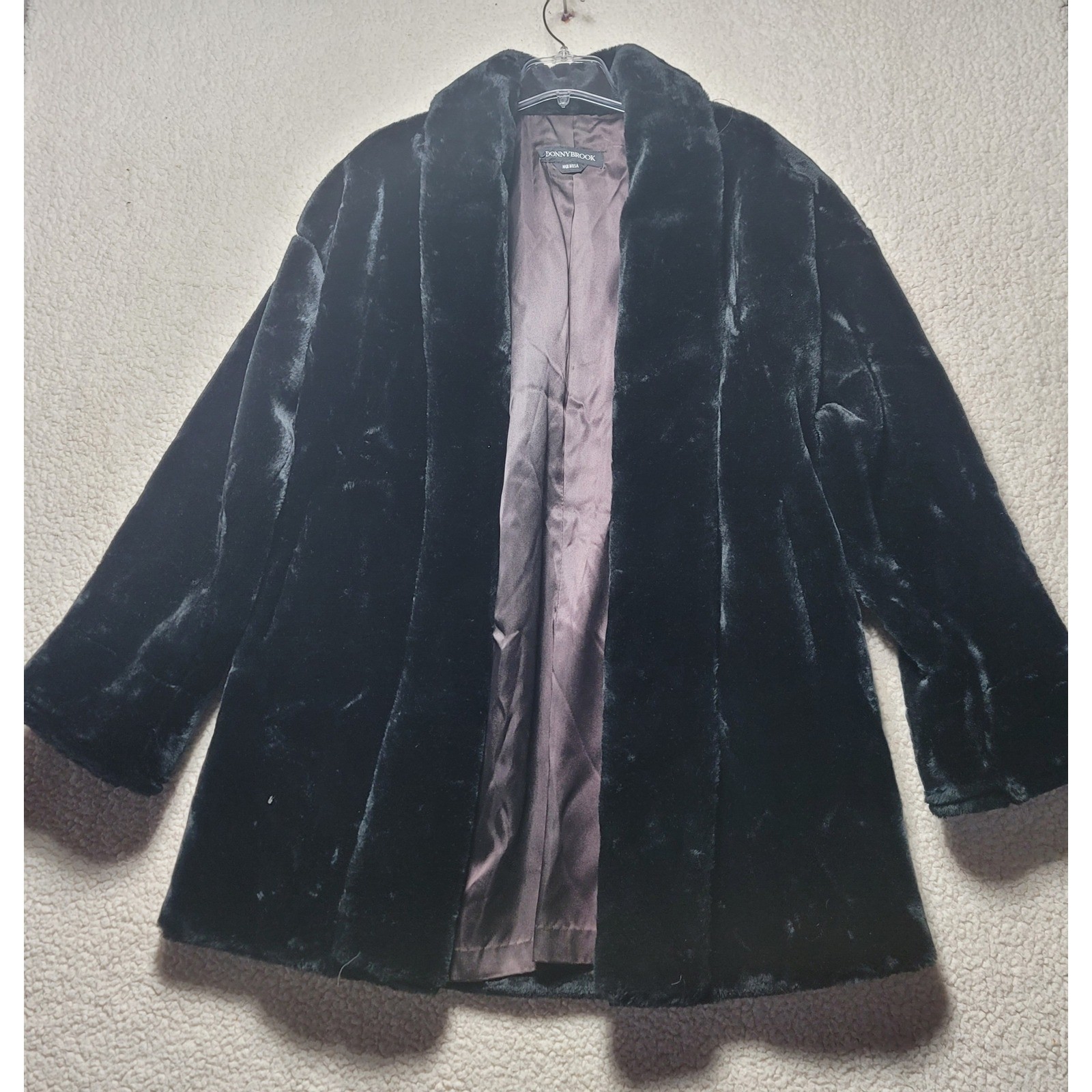Donnybrook Vintage Faux Fur Coat Black Shawl Collar ILGWU Union Made USA Large