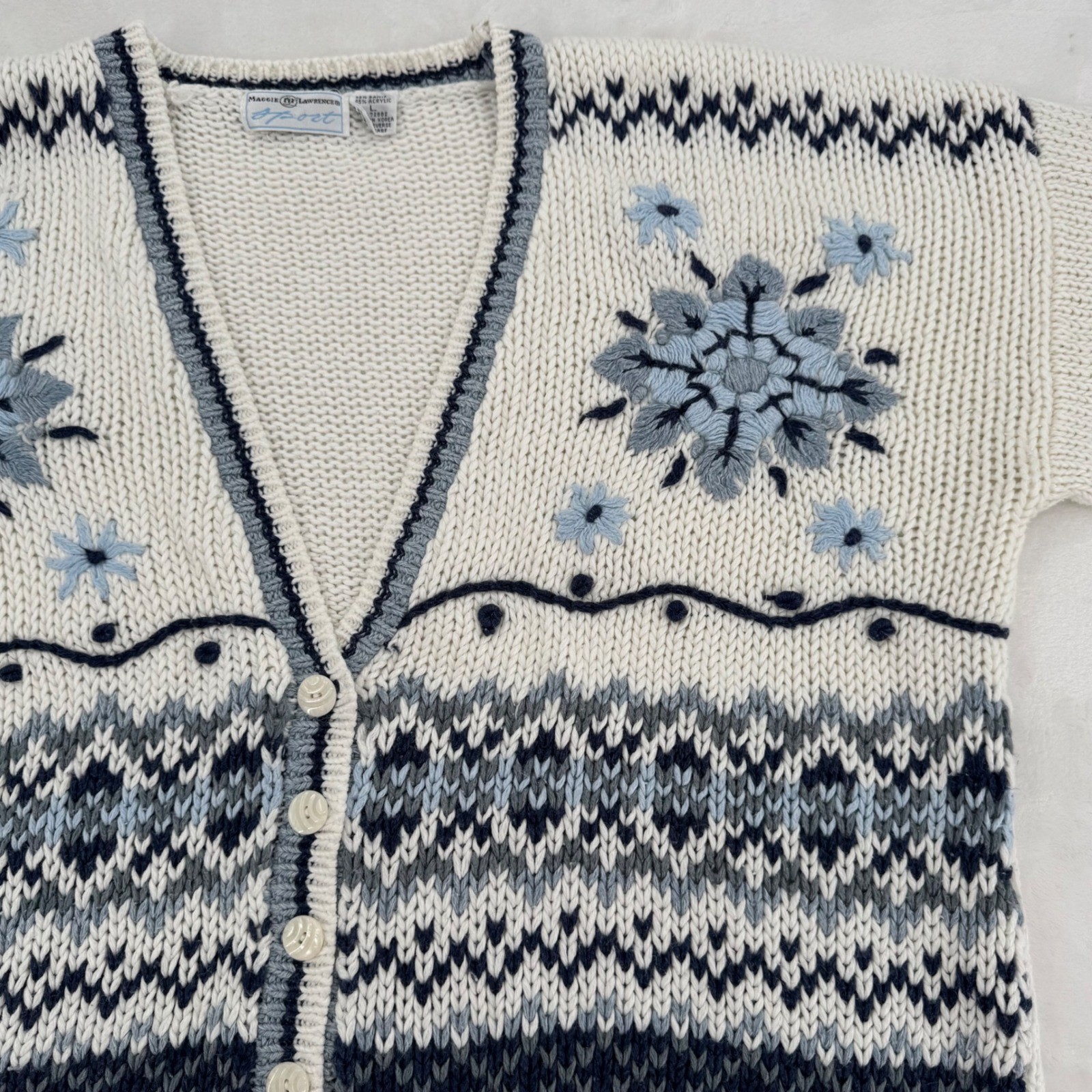Maggie Lawrence Sport Vintage 90s Fair Isle Floral Embroidered Cardigan Sz Large