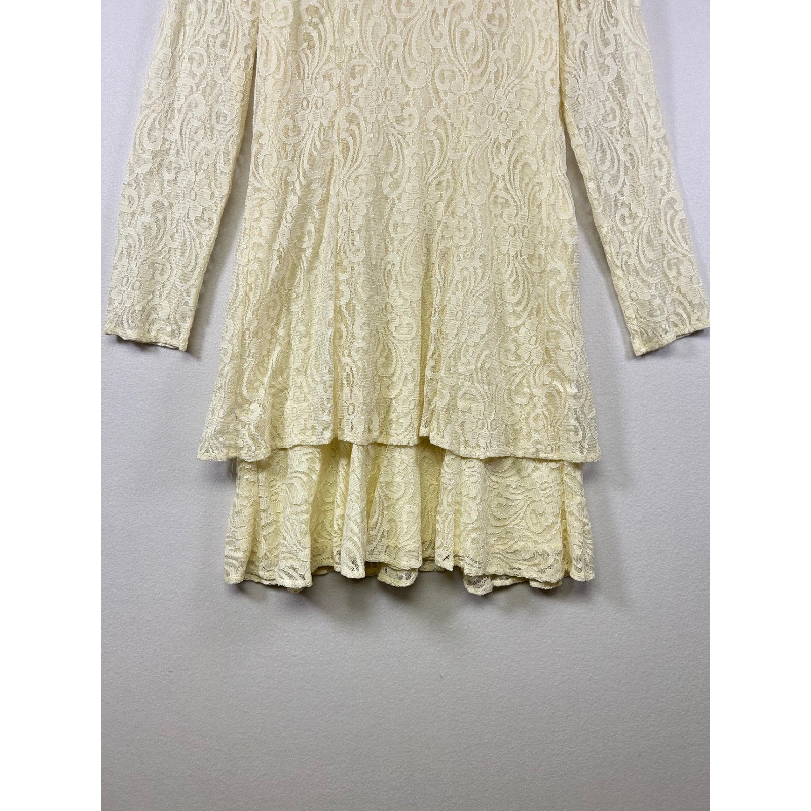 All That Jazz Lace Dress Women 13/14 Cream Ivory Vintage Tiered Long Sleeve