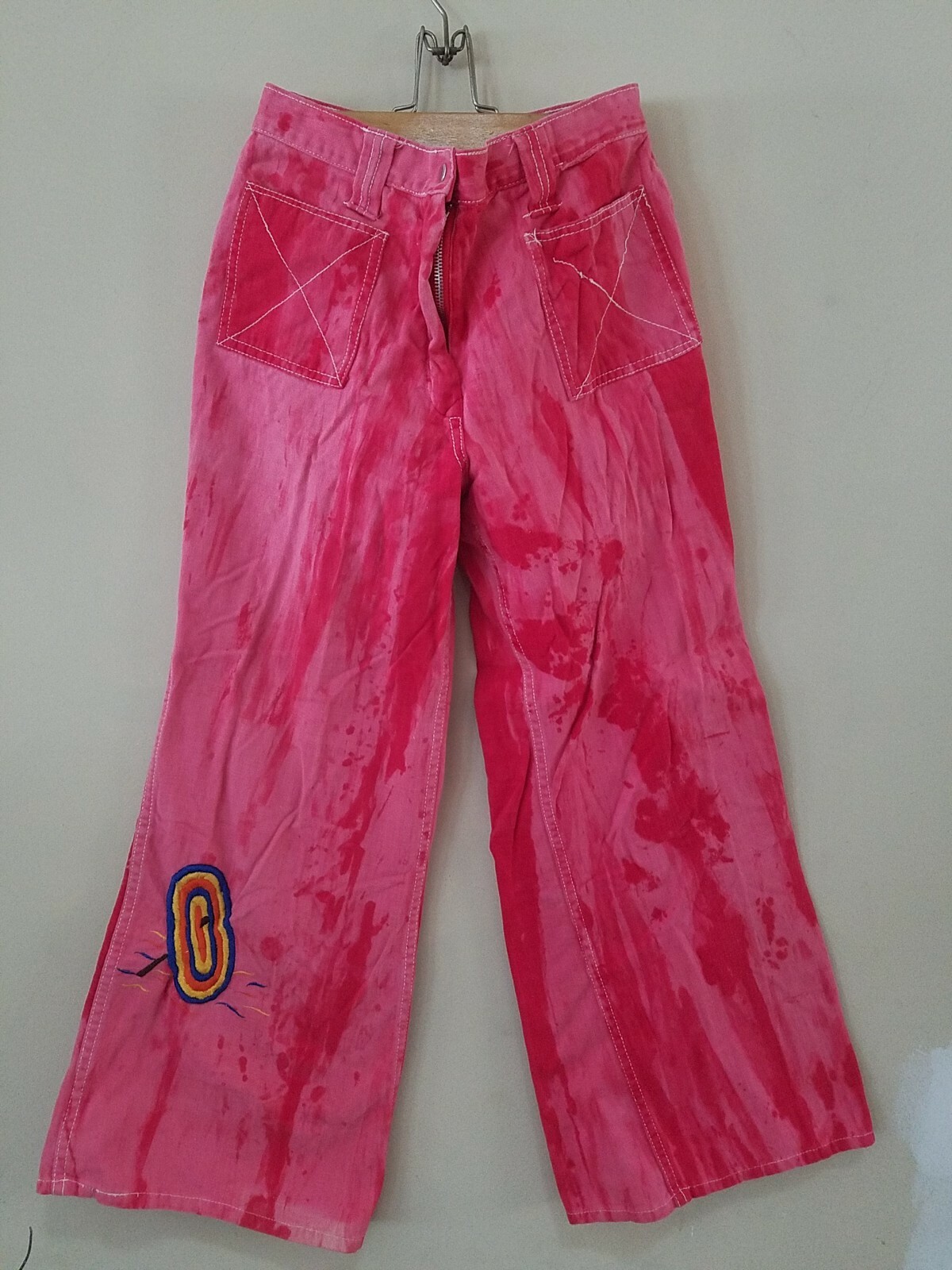 Vintage 70s Red Tie Die Wide Leg Jeans w/embroidery, Youth/Teen size 28″ x 26″