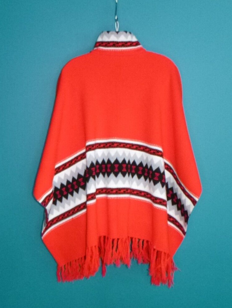 Vtg 60s Acrylic Knit Fringed Poncho Serape Red Gray Black Geometric