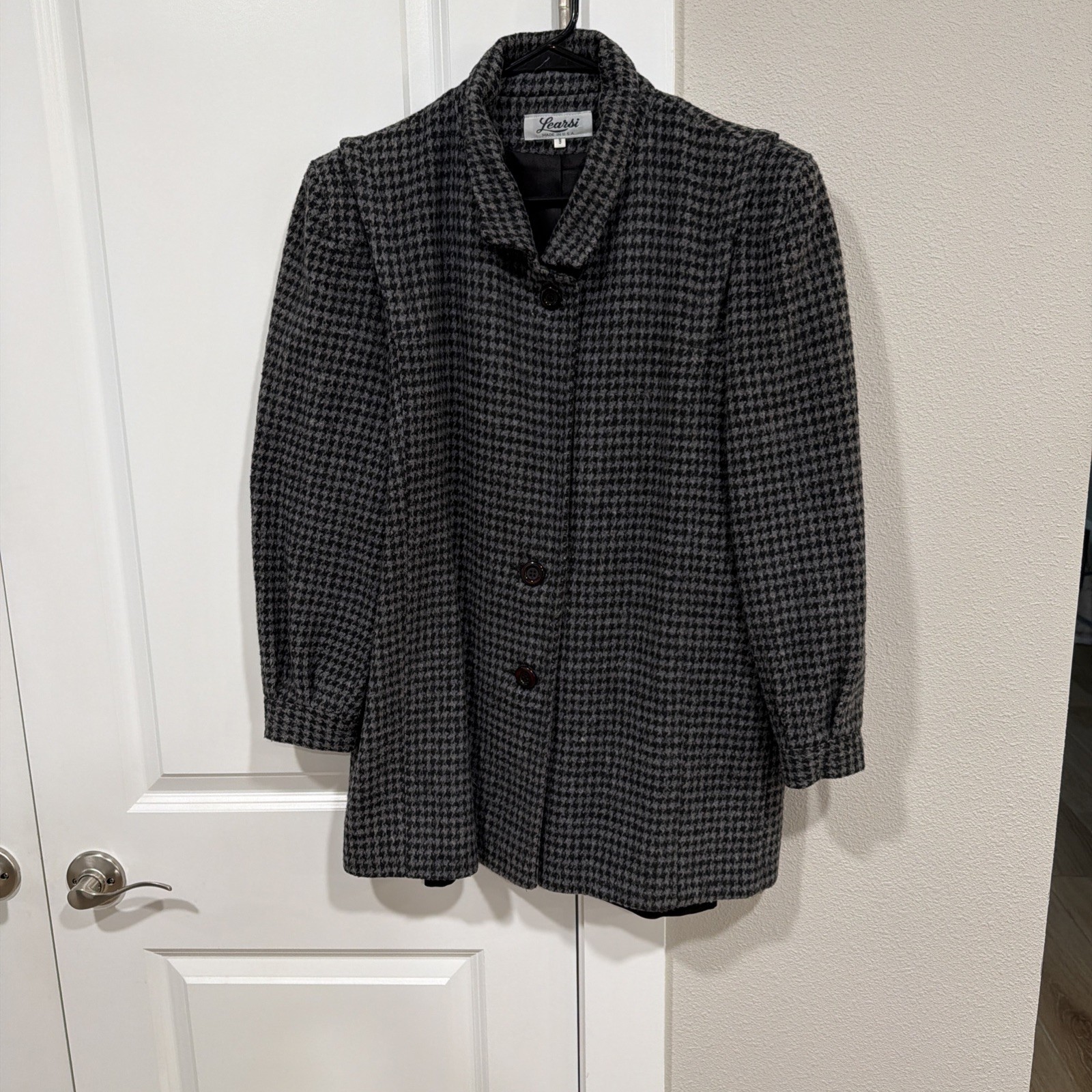 VTG Learsi Wool Houndstooth Blazer Jacket Gray Black Oversized 80s 90s Size 9