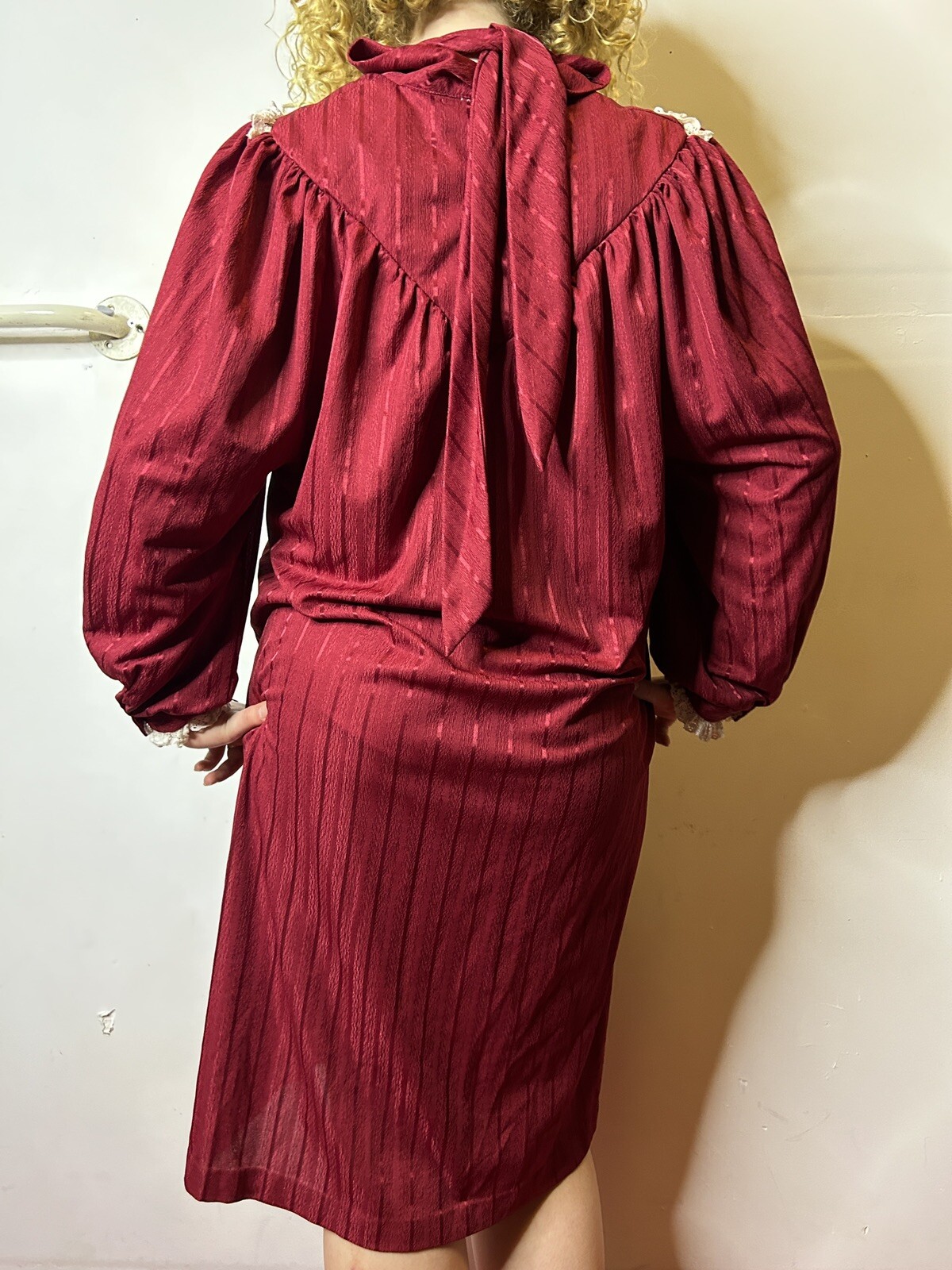 Vintage Australian ARC 80s Burgundy Midi Trapeze Dress Lace Yoke Pinstripe AU 14