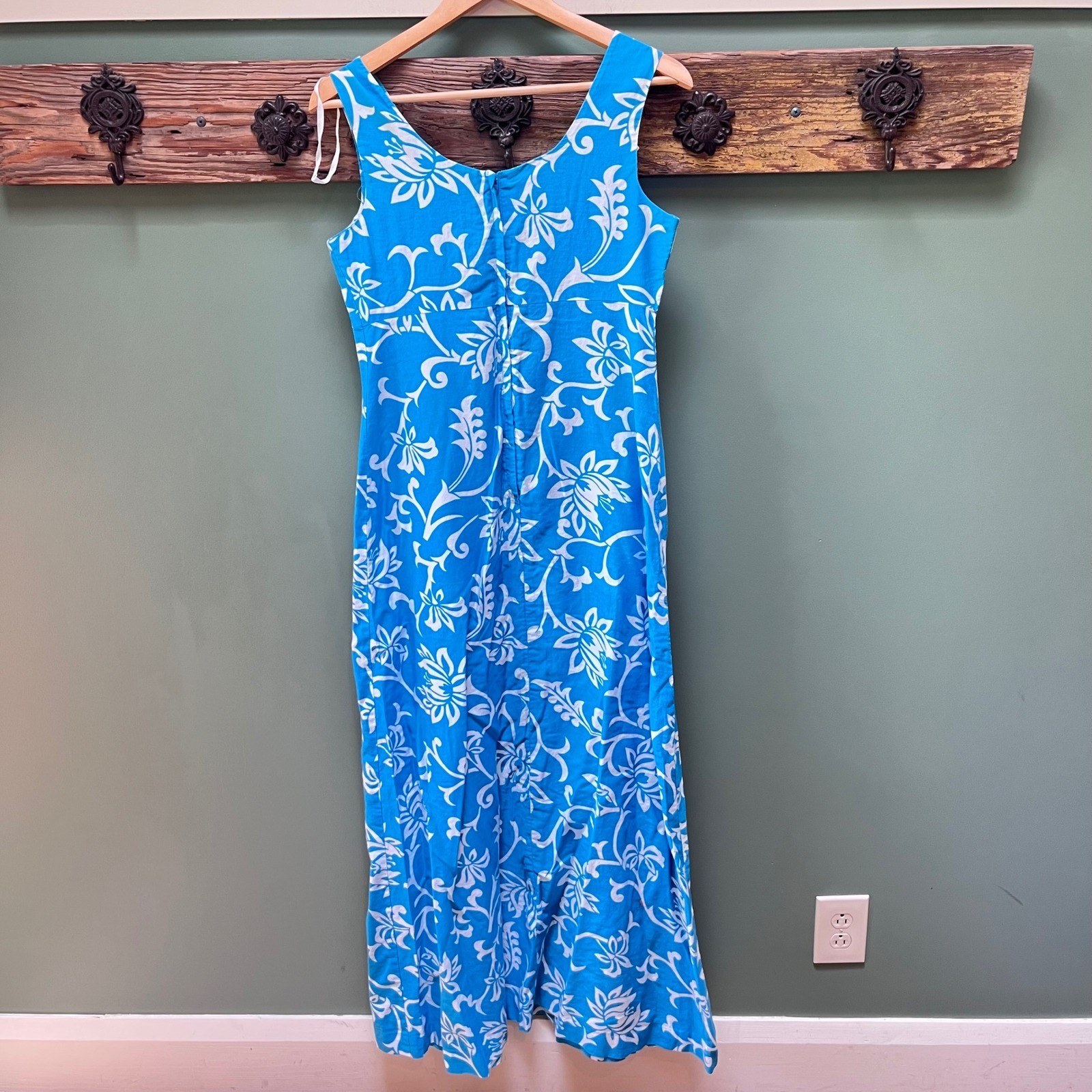 Waltah Clarke’s Vintage Hawaiian Maxi Dress Blue White Floral Cotton Womens 14