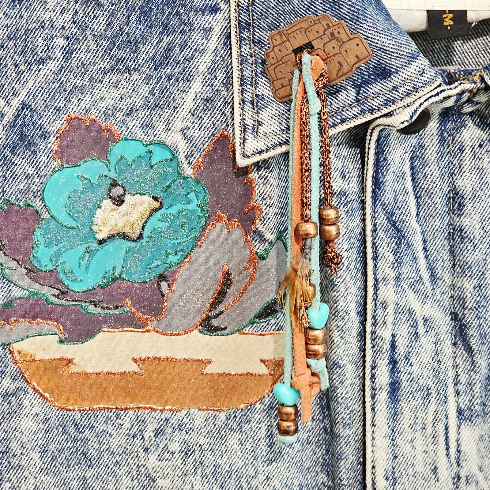 Vintage 80s Denim Jean Jacket Size M Acid Washed Southwestern Aztec Made In USA