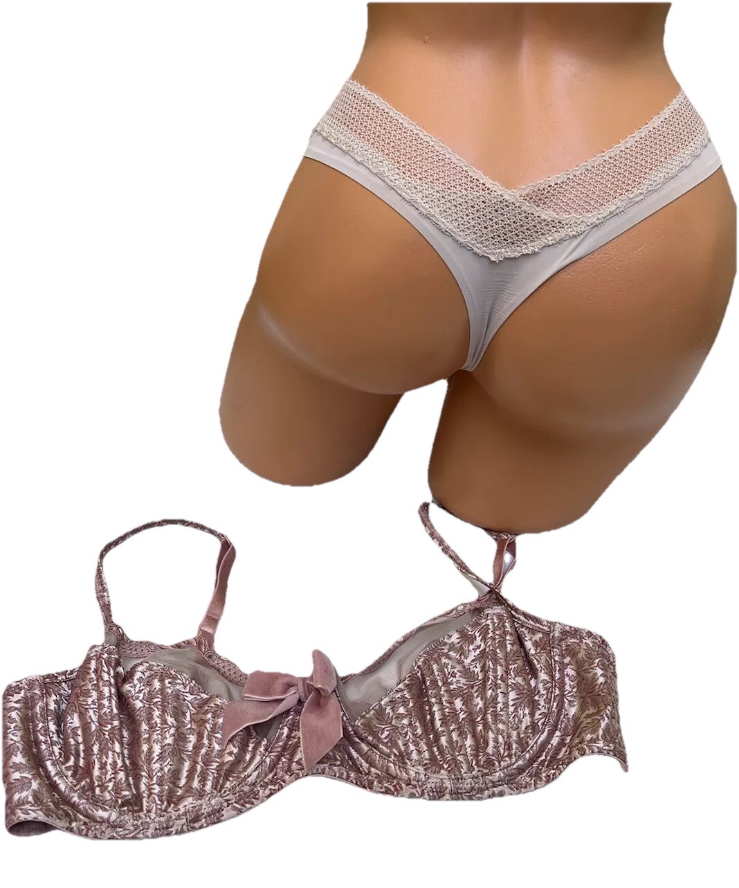 Vtg Victorias Secret Bra Satin Pink Brocade Textured Leaf Y2K + Free Panty M 36C