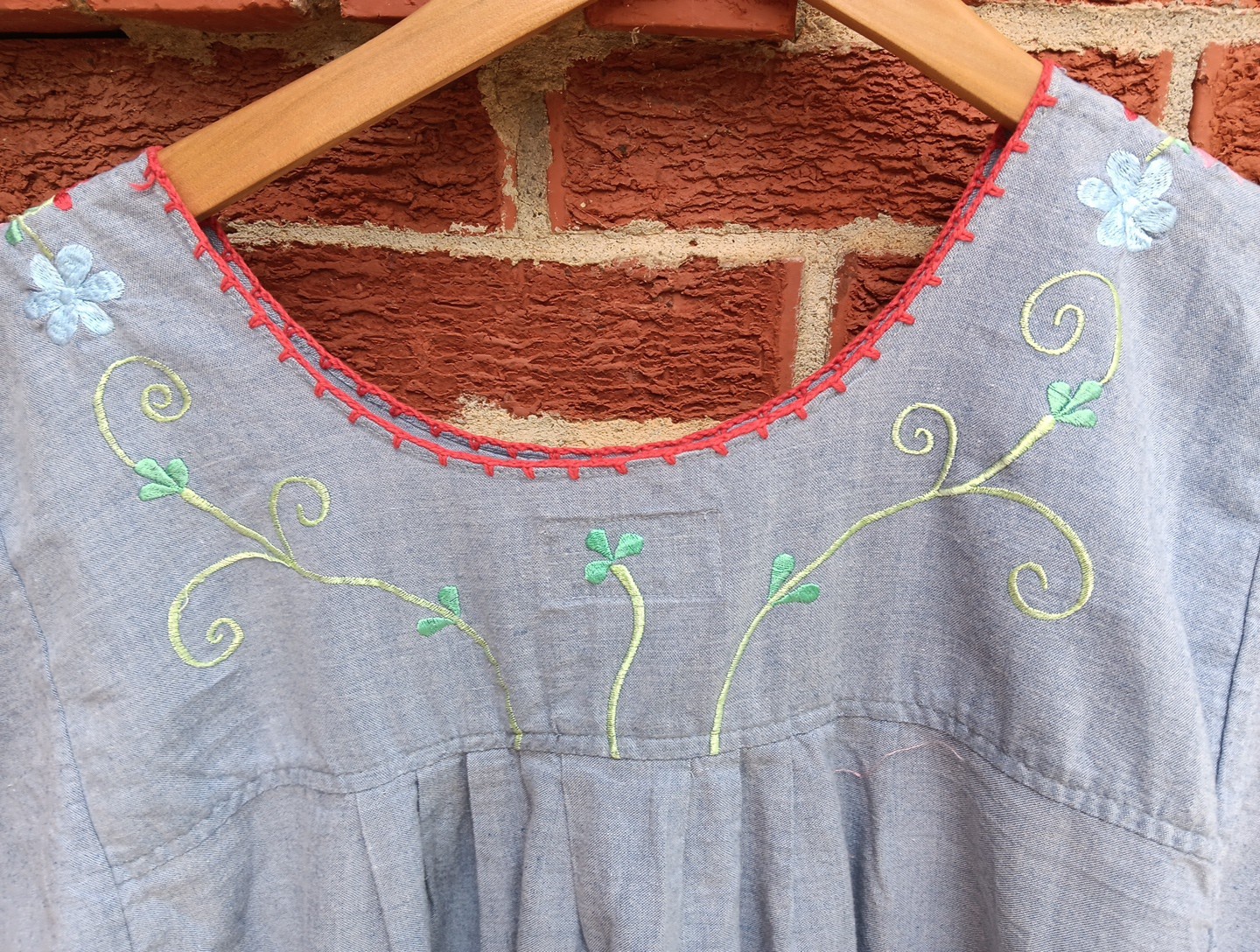 Vintage Advantique House Dress Muumuu L Floral Embroidered Denim Granny Core