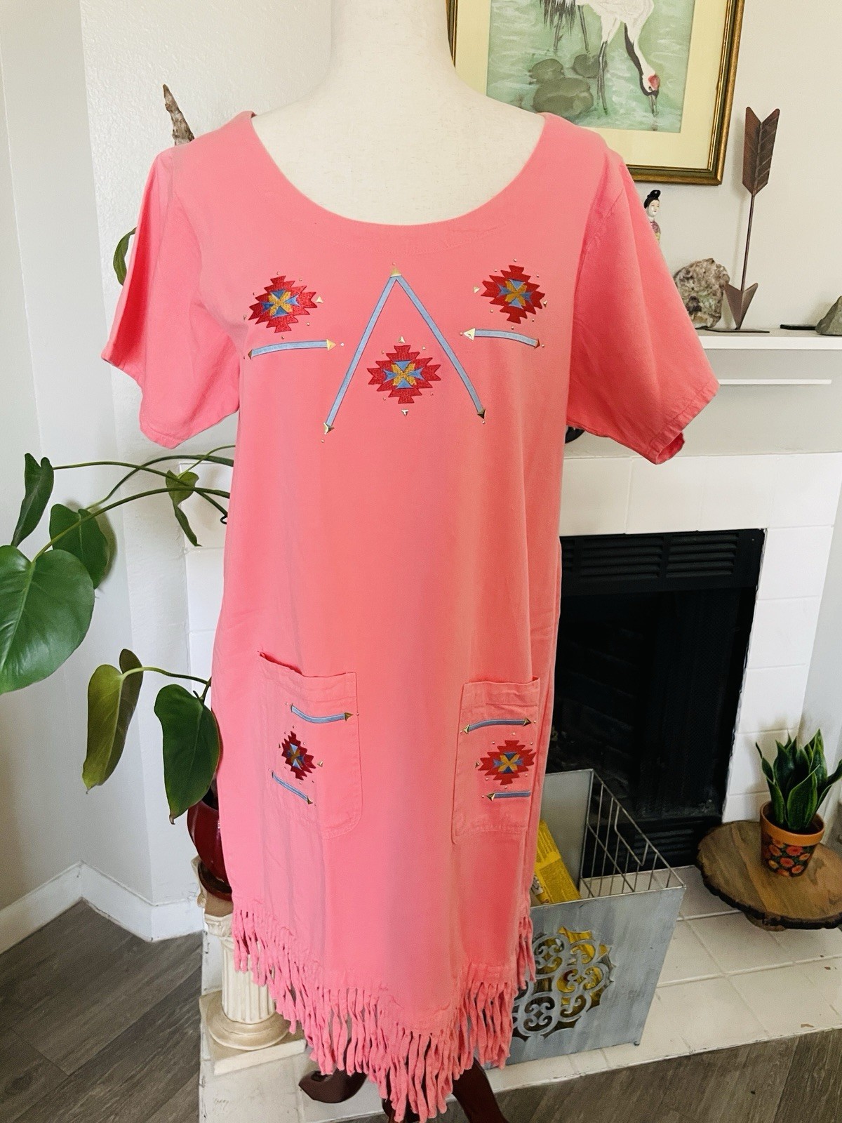Vintage 90’s La Solas Dress wmn L Cotton Southwest Emroidered Fringe Santa Fe
