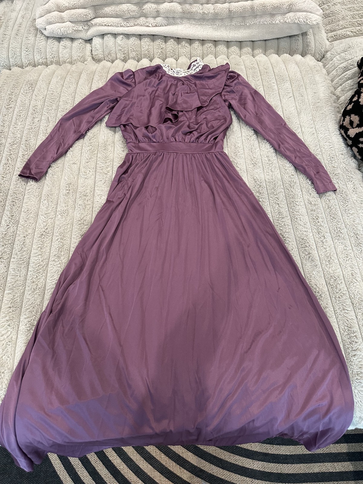 Vintage Purple Satin Maxi Dress Size 10 Long Sleeve Lace Collar Ruffles Formal