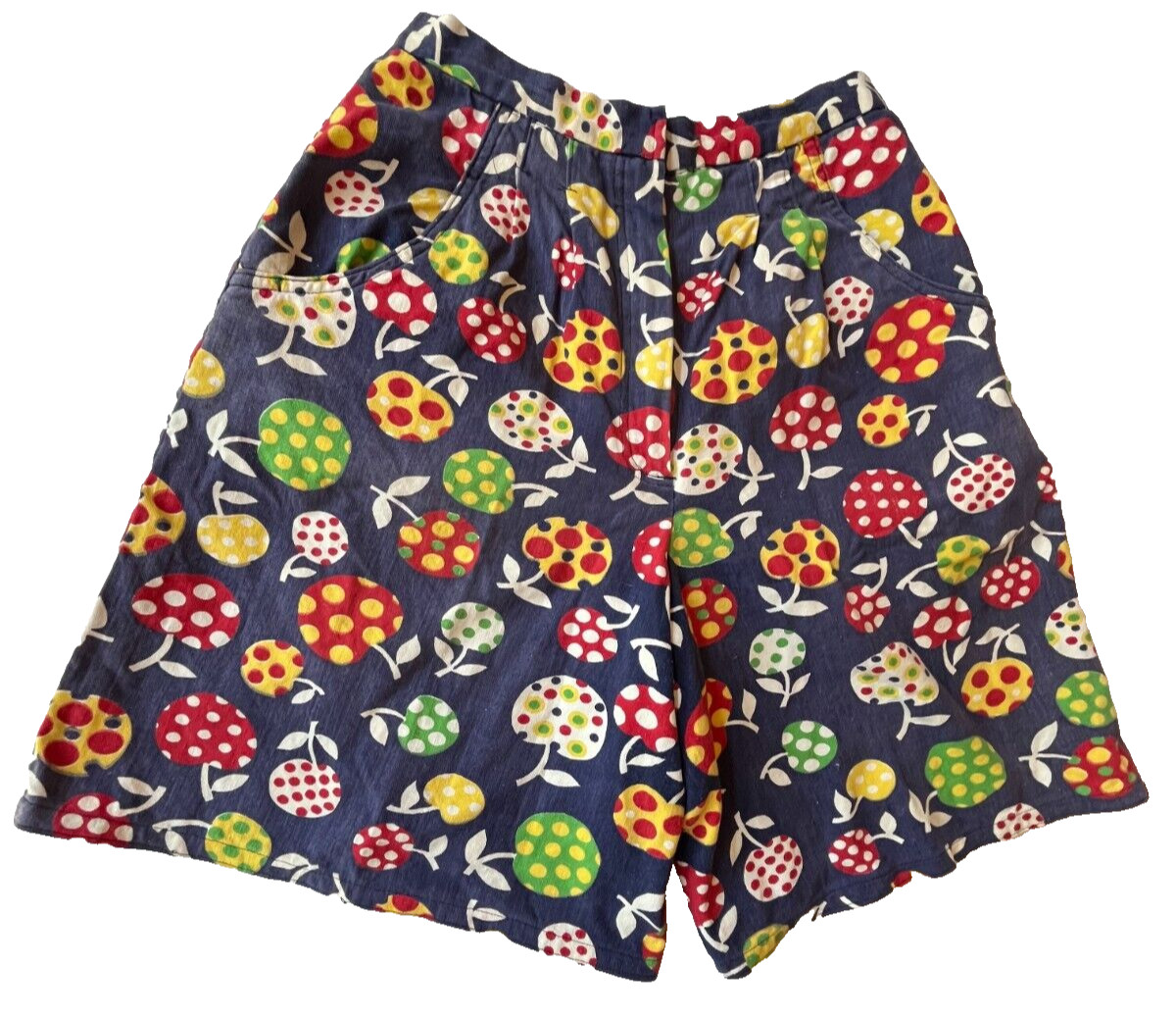 Vintage Womens Shorts Size Small Groovy 1970s Polka Dot Fruit High Waisted Blue