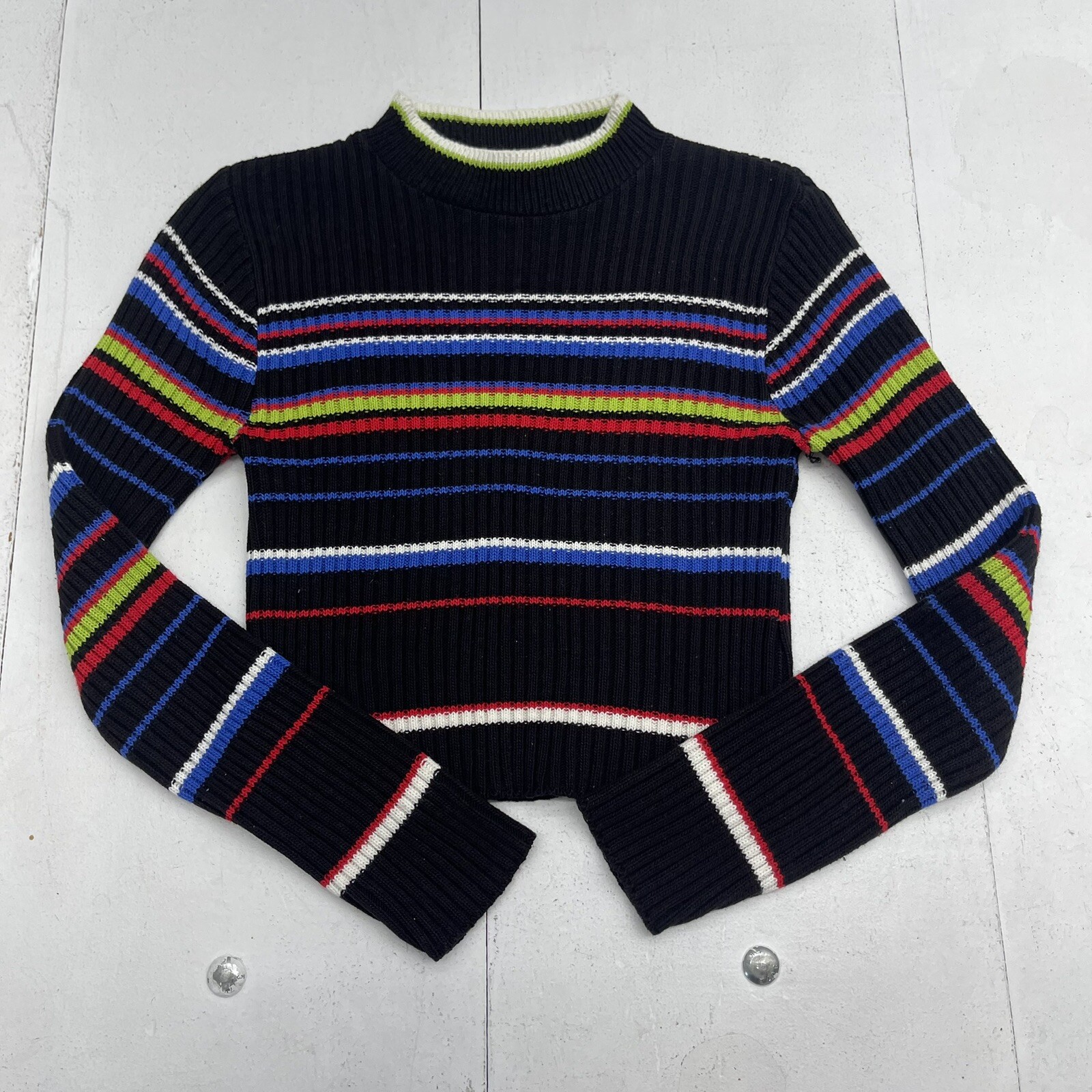 Vintage Croquet Club Black Multicolor Stripe Long Sleeve Women’s Size Small