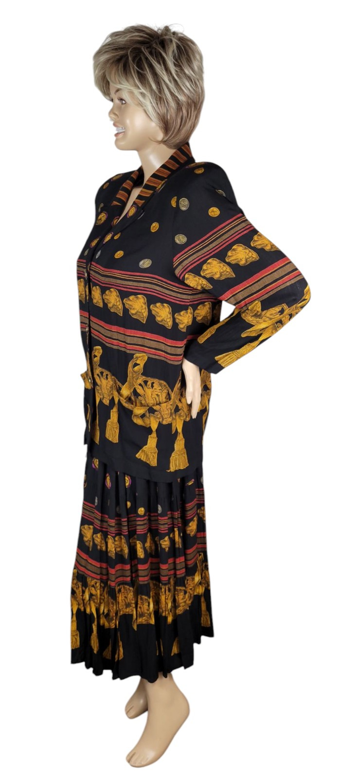 Vtg CL Carole Little Black Gold Tassel Etruscan Revival Gauze Skirt Top Set 8/10