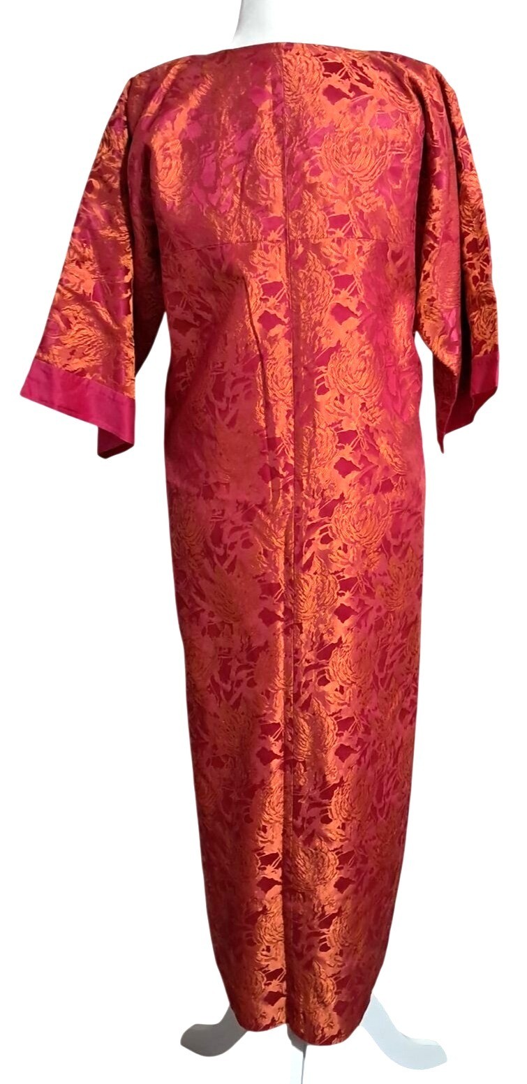 Vintage Pink & Orange Brocade Kimono Dress With Mandarin Collar Frog Buttons Hel