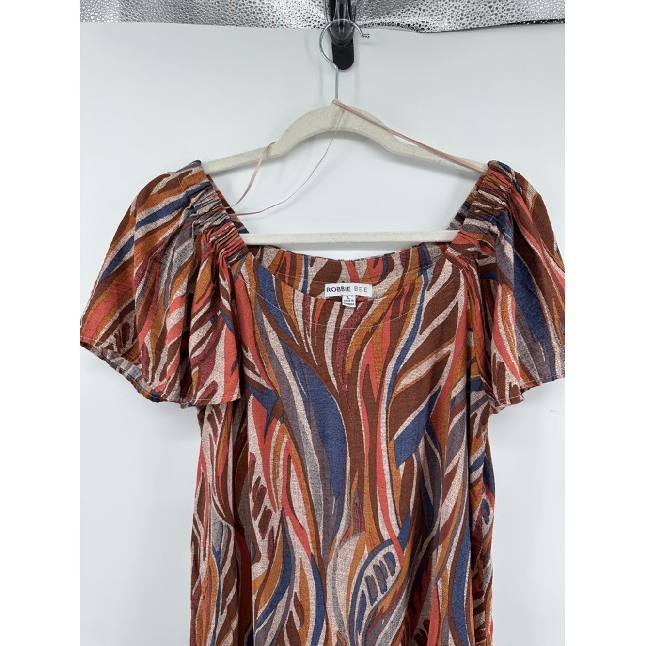 Robbie Bee Cottagecore Boho Coastal Retro Rust Multicolor Wave Print Dress SzL